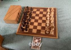 Vintage German wooden chess set, storage box, board and original booklet 1950