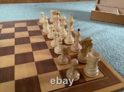 Vintage German wooden chess set, storage box, board and original booklet 1950