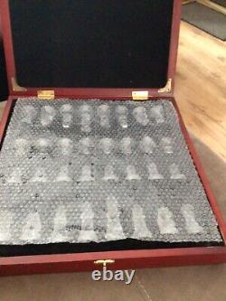 Vintage Glass Chess Set in Wooden Box with mirror Board Lid
