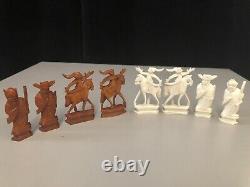 Vintage Hand Carved Bone Chinese Chess Set with Wooden Latched Box