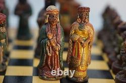 Vintage Hand Crafted Stone Bolivian Chess Set And Wooden Board/ Box