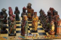 Vintage Hand Crafted Stone Bolivian Chess Set And Wooden Board/ Box