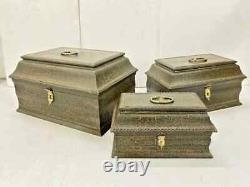 Vintage Handicraft Wooden Fine Brass Work Cracking Painted Storage Box- Set Of 3