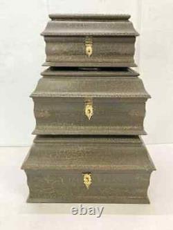 Vintage Handicraft Wooden Fine Brass Work Cracking Painted Storage Box- Set Of 3