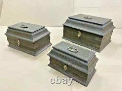 Vintage Handicraft Wooden Fine Brass Work Cracking Painted Storage Box- Set Of 3