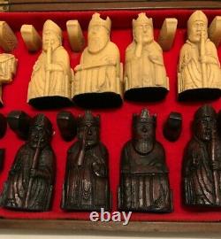 Vintage Isle Of Lewis Chess Set In Carved Wooden Box VGC
