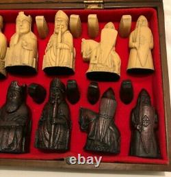 Vintage Isle Of Lewis Chess Set In Carved Wooden Box VGC