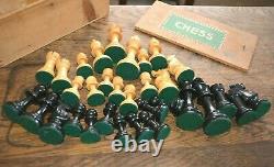 Vintage Jacques Staunton Chess Set Complete Weigtd Baized & Boxed Big King 8.5cm