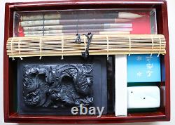 Vintage Japanese Calligraphy Set, Dragon Inkstone, Heavy Lacquered Wooden Box