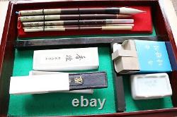 Vintage Japanese Calligraphy Set, Dragon Inkstone, Heavy Lacquered Wooden Box