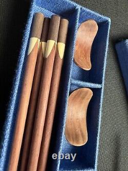 Vintage Japanese Wooden Chopstick Set in Embroidered Box