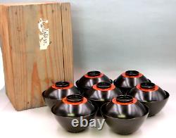 Vintage Japanese wooden Soup bowls NEGORO-ware set of 7 in wooden box