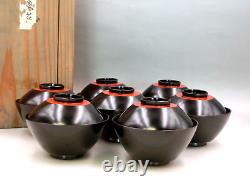 Vintage Japanese wooden Soup bowls NEGORO-ware set of 7 in wooden box