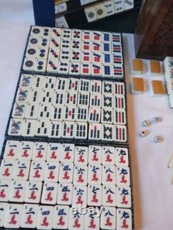 Vintage KTG Mah Jong Set Wooden Box 148 Bamboo Backed Tiles Book Mahjong Jongg