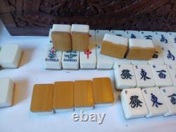 Vintage KTG Mah Jong Set Wooden Box 148 Bamboo Backed Tiles Book Mahjong Jongg