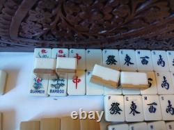Vintage KTG Mah Jong Set Wooden Box 148 Bamboo Backed Tiles Book Mahjong Jongg