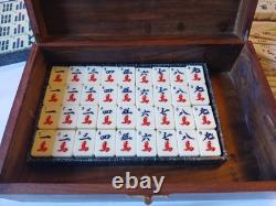 Vintage KTG Mah Jong Set Wooden Box 148 Bamboo Backed Tiles Book Mahjong Jongg