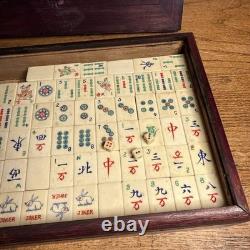 Vintage Mah Jong Chinese Gaming Set in Wooden Box Bamboo & Bone