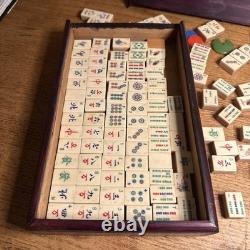 Vintage Mah Jong Chinese Gaming Set in Wooden Box Bamboo & Bone