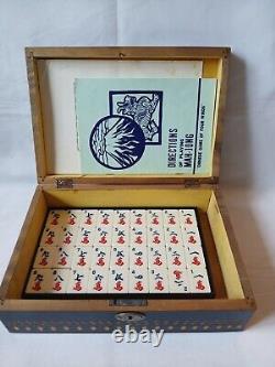 Vintage Mah Jong Game Set in Wooden Box 148 Large Tiles Book Stick Mahjong Jongg