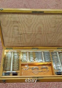 Vintage Opticians Optical Testing Set Wooden Box Optometry Lens & 20 Frames