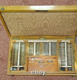 Vintage Opticians Optical Testing Set Wooden Box Optometry Lens & 20 Frames