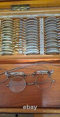 Vintage Opticians Optical Testing Set Wooden Box Optometry Lens & 20 Frames