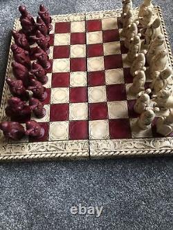Vintage Ornate Iranian Chess Set In Ornate Covered Wooden Box Complete