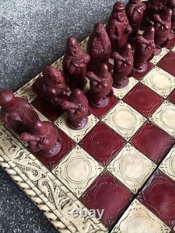 Vintage Ornate Iranian Chess Set In Ornate Covered Wooden Box Complete