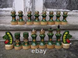 Vintage Painted Russian Army & Navy Wooden Chess Set & Box Board Soviet USSR
