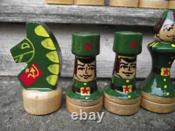 Vintage Painted Russian Army & Navy Wooden Chess Set & Box Board Soviet USSR