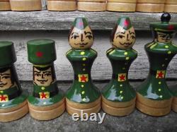 Vintage Painted Russian Army & Navy Wooden Chess Set & Box Board Soviet USSR