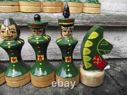 Vintage Painted Russian Army & Navy Wooden Chess Set & Box Board Soviet USSR