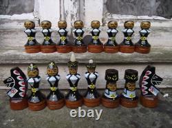 Vintage Painted Russian Army & Navy Wooden Chess Set & Box Board Soviet USSR
