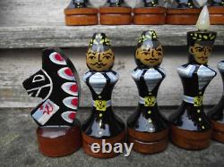 Vintage Painted Russian Army & Navy Wooden Chess Set & Box Board Soviet USSR