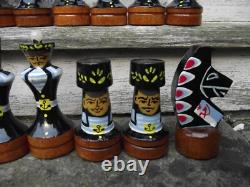 Vintage Painted Russian Army & Navy Wooden Chess Set & Box Board Soviet USSR
