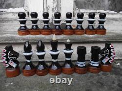 Vintage Painted Russian Army & Navy Wooden Chess Set & Box Board Soviet USSR
