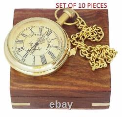 Vintage Pocket Watch In Wooden Box Brass Victoria London Marine For Set Of 10