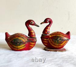 Vintage Primitive Handmade Painted Swan Shape Kumkum Wooden Box Set of 2 WD992