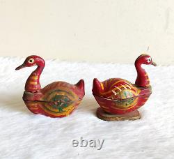 Vintage Primitive Handmade Painted Swan Shape Kumkum Wooden Box Set of 2 WD992