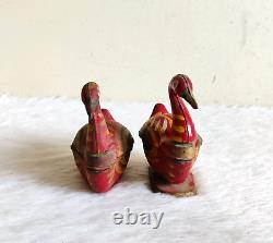 Vintage Primitive Handmade Painted Swan Shape Kumkum Wooden Box Set of 2 WD992