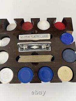 Vintage Set of Poker Chips and Playing Cards in Wooden Box