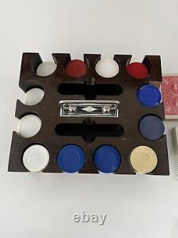 Vintage Set of Poker Chips and Playing Cards in Wooden Box