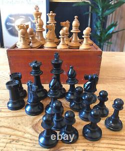 Vintage Staunton Wooden Chess Set In Box, Excellent, King 85mm, Weighted, Felted
