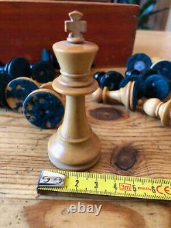 Vintage Staunton Wooden Chess Set In Box, Excellent, King 85mm, Weighted, Felted