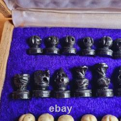 Vintage Travel Wooden Box Marble Top Stone Pieces Chess Set Game