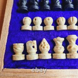 Vintage Travel Wooden Box Marble Top Stone Pieces Chess Set Game