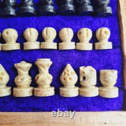 Vintage Travel Wooden Box Marble Top Stone Pieces Chess Set Game