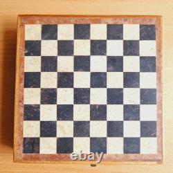 Vintage Travel Wooden Box Marble Top Stone Pieces Chess Set Game