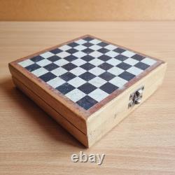 Vintage Travel Wooden Box Marble Top Stone Pieces Chess Set Game